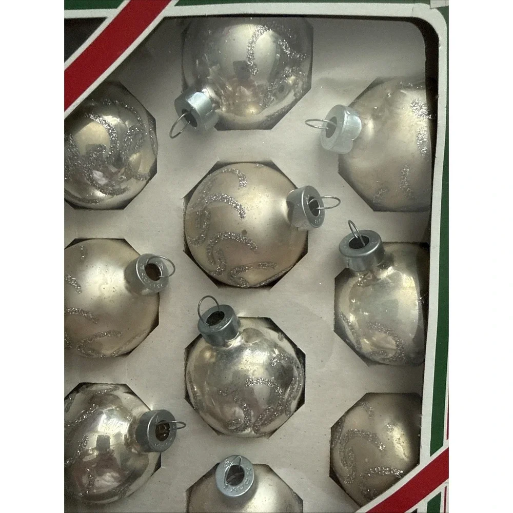 Vintage Pyramid Glass Christmas Ornaments Set of 10 Champagne Silver Glitter USA
